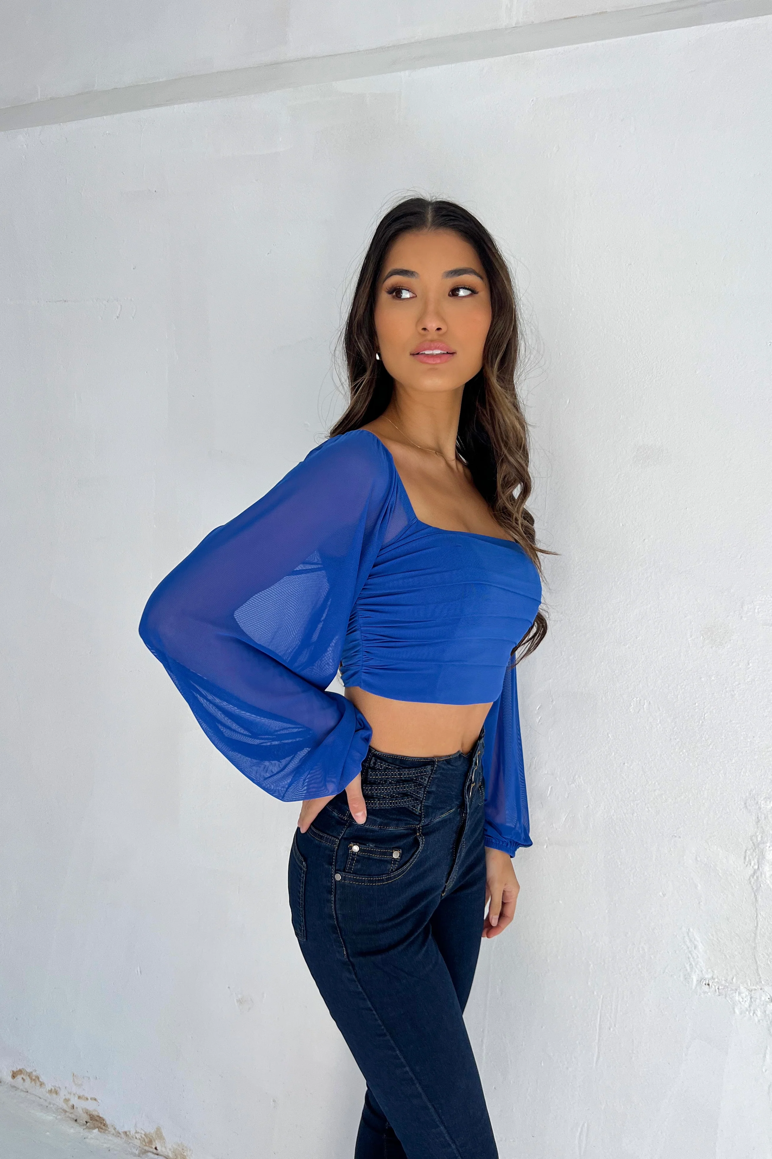 Elegant Royal Blue Sheer Sleeve Top