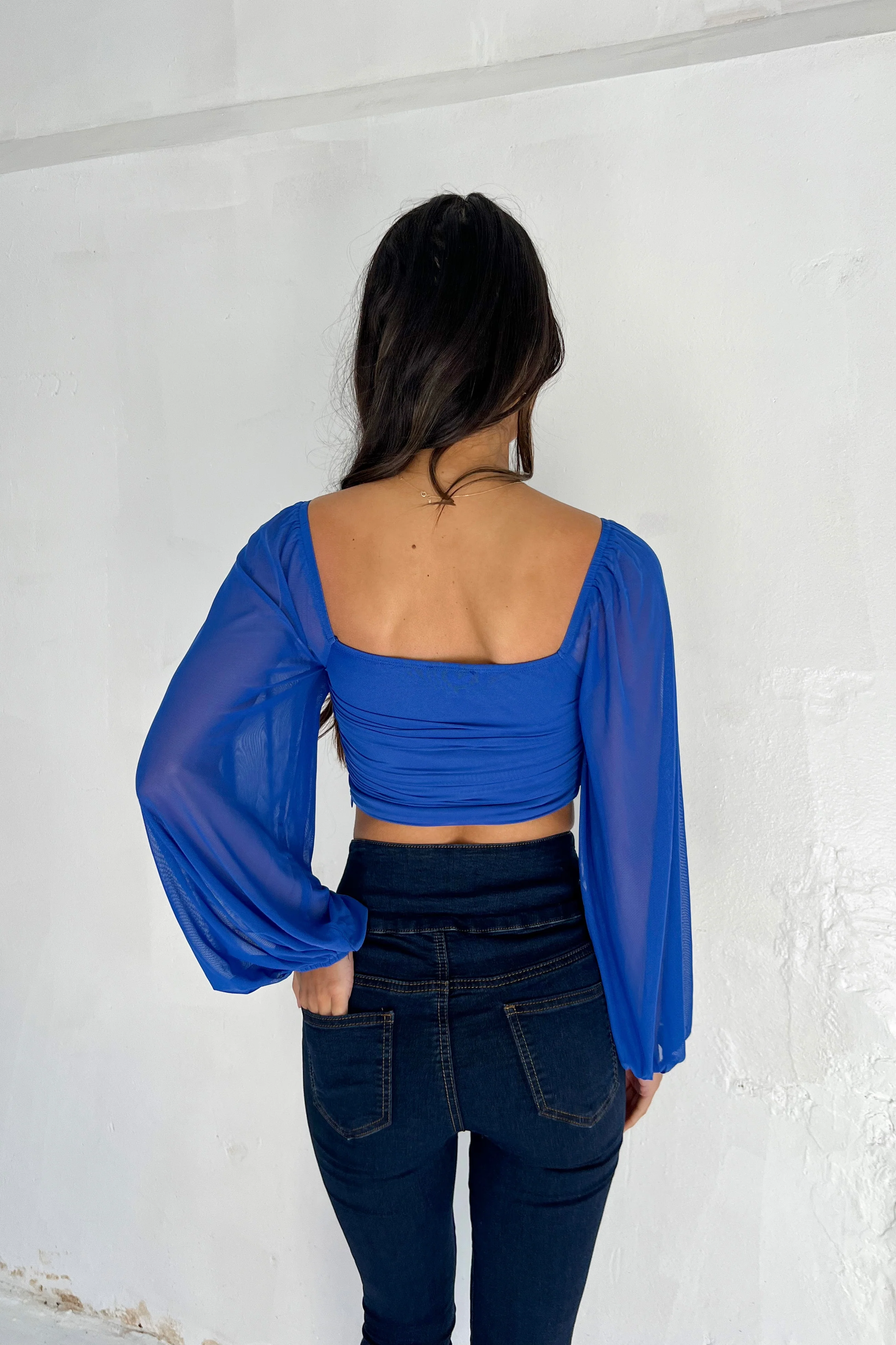 Elegant Royal Blue Sheer Sleeve Top
