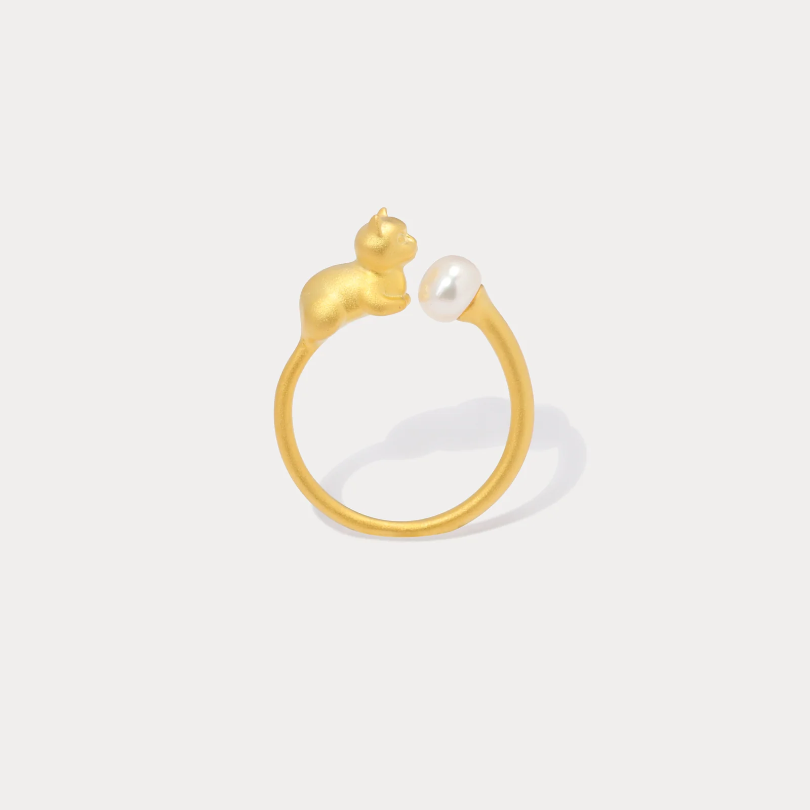 Charming Cat And Pearl Adjustable Ring